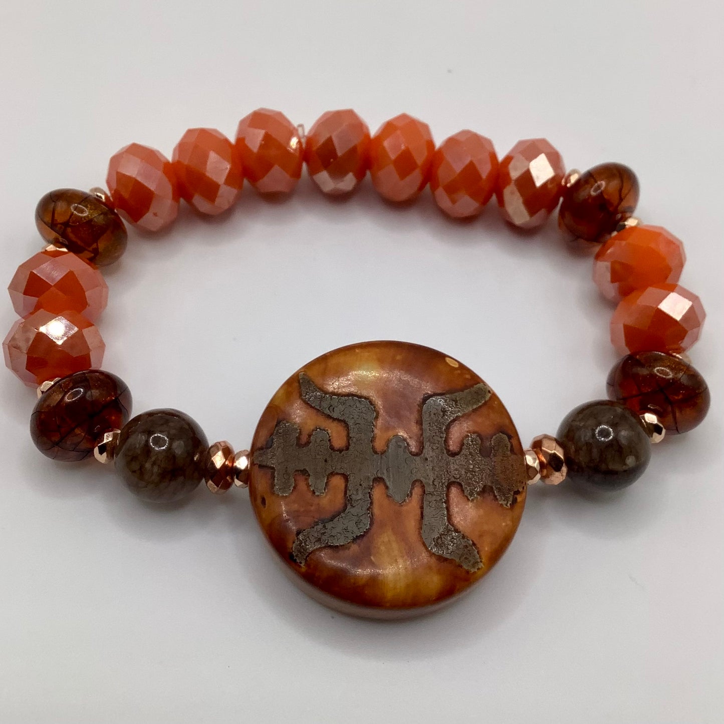 Tibetan Focal, Amber and Crystal Glass bead 12mm copper hematite