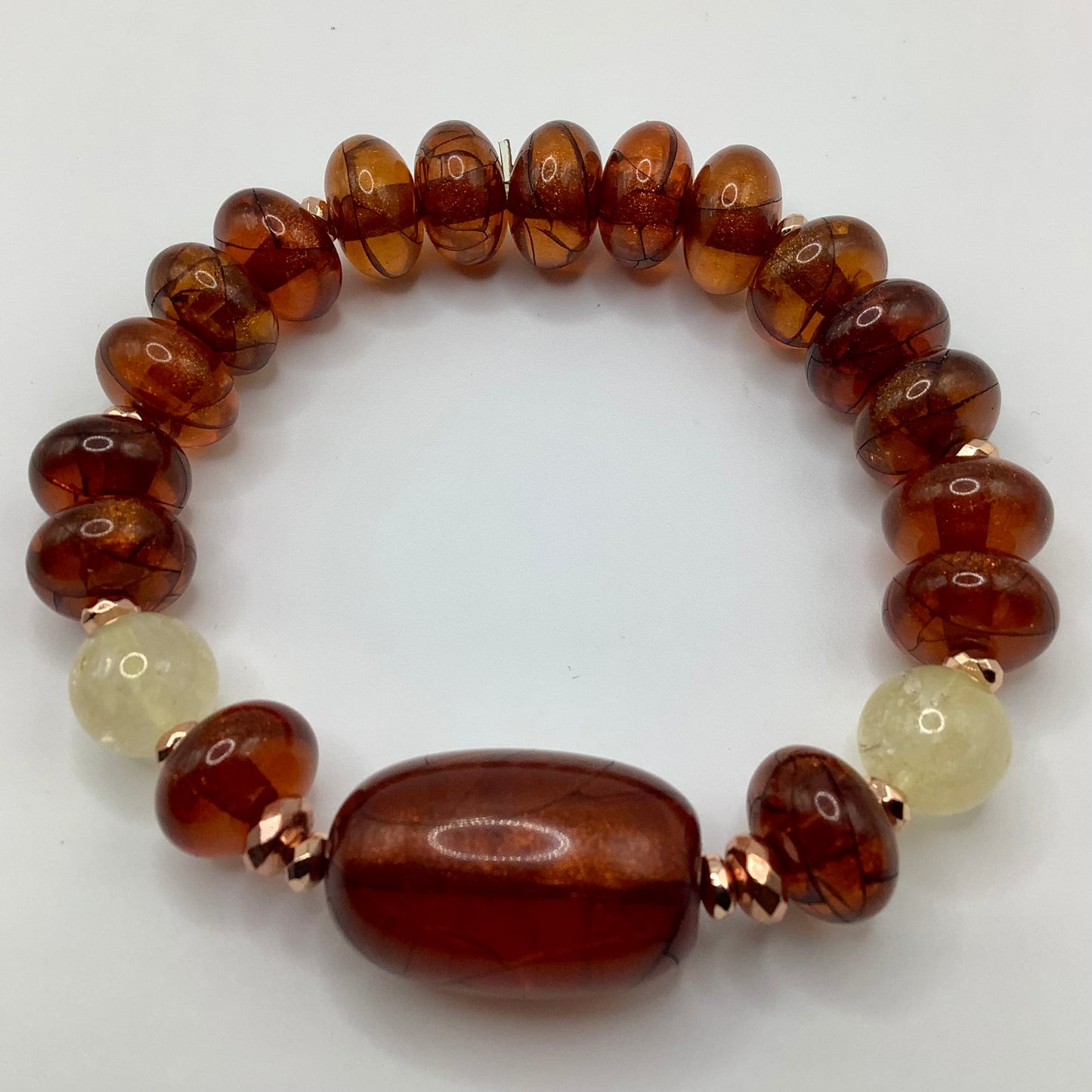 Amber Focal, Amber and Citrine bead 12mm copper hematite