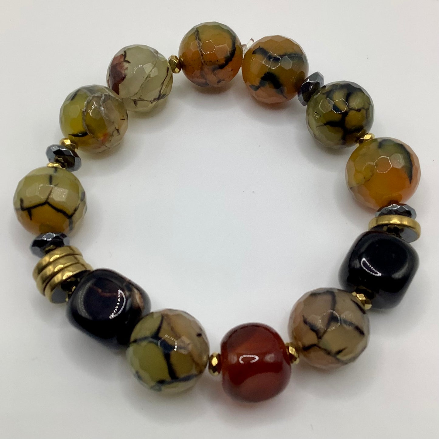 Agate and Dragon Vein Agate 14mm gunmetal and dark gold hematite