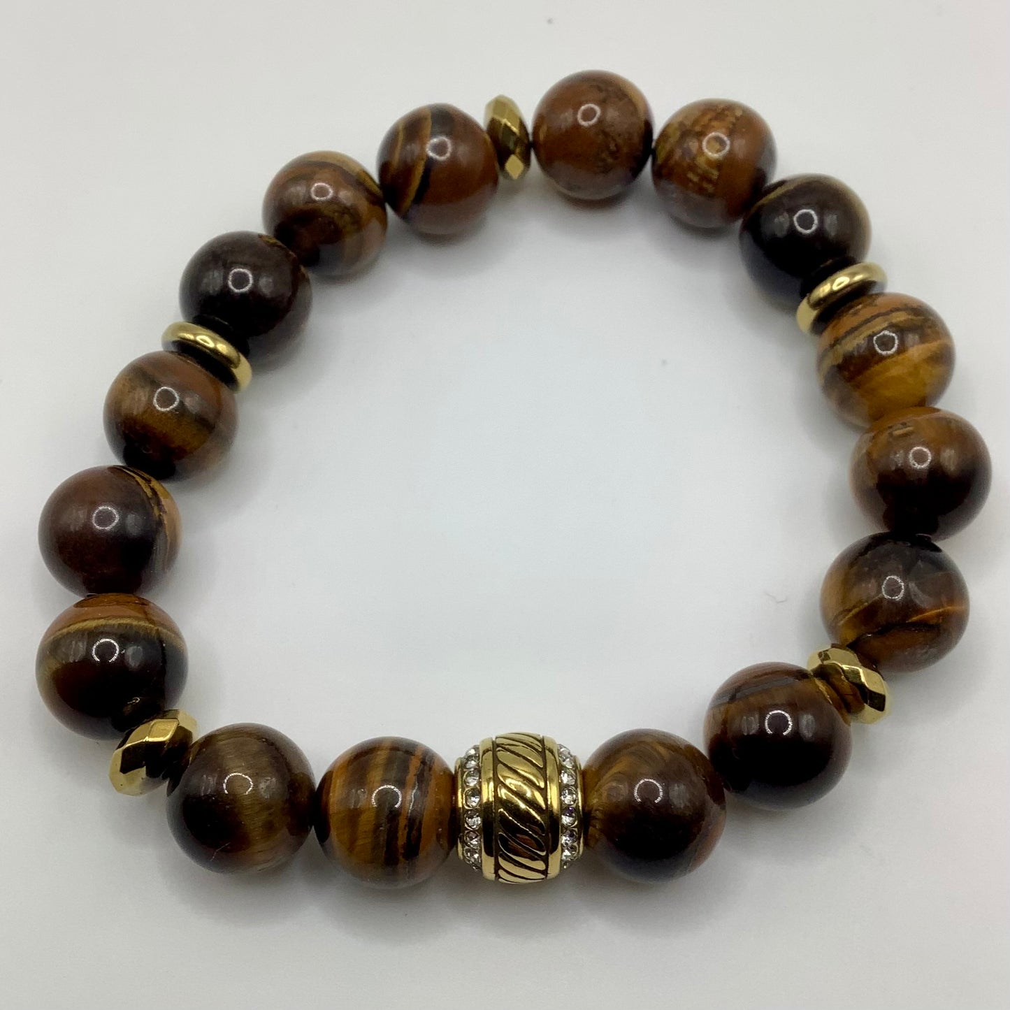 Tigers Eye 10mm Gold Stainless Steel CZ spacer and dark gold hematite