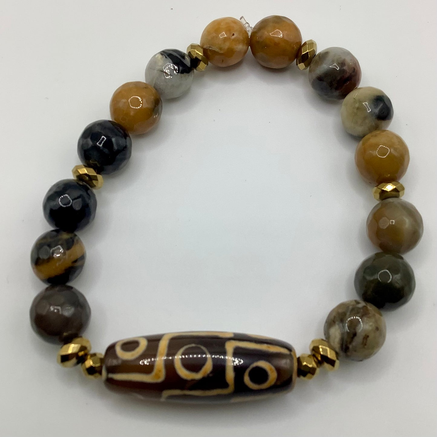 Falcon Eye and Tibetan Agate 10mm dark gold hematite