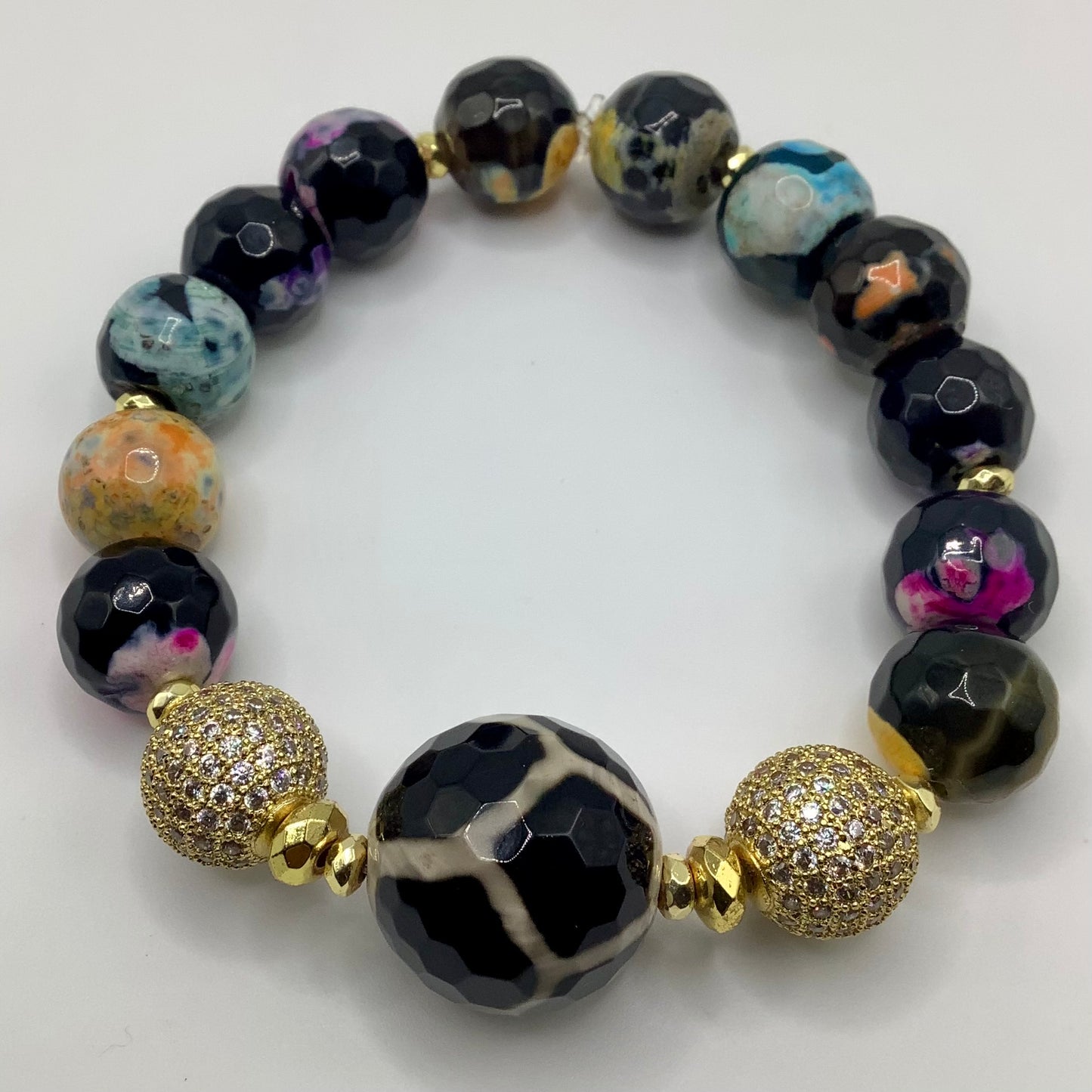 Fire Agate 12mm with 18mm Tibetan Agate focal, Gold CZ Pave and hematite