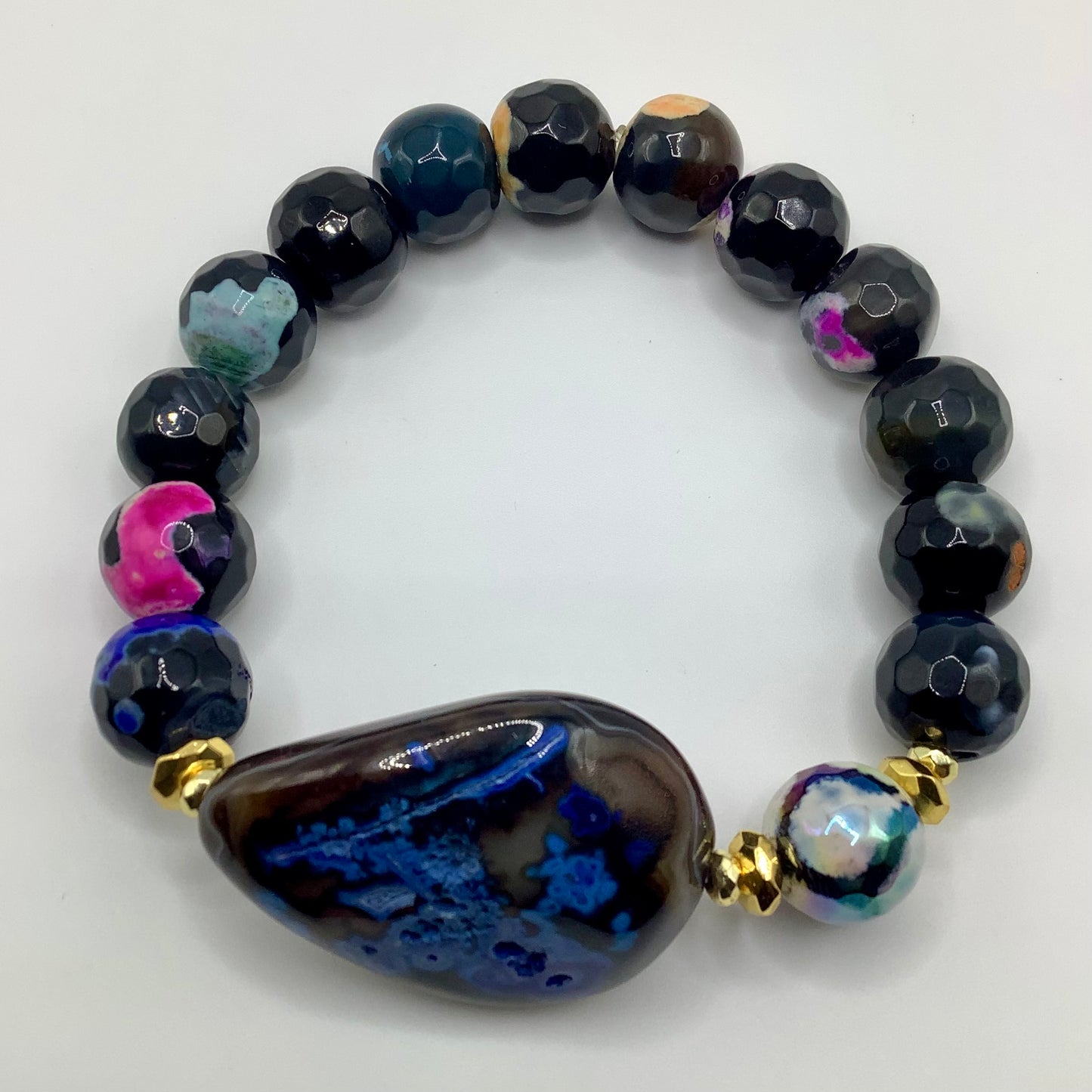 Fire Agate and Jade 12mm gold hematite