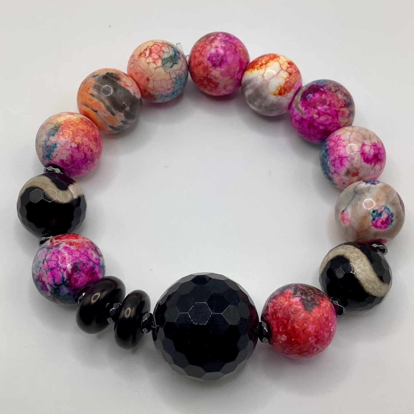 20 mm Crackled Agate Focal, Mystic and Tibetan Agate 14mm black hematite