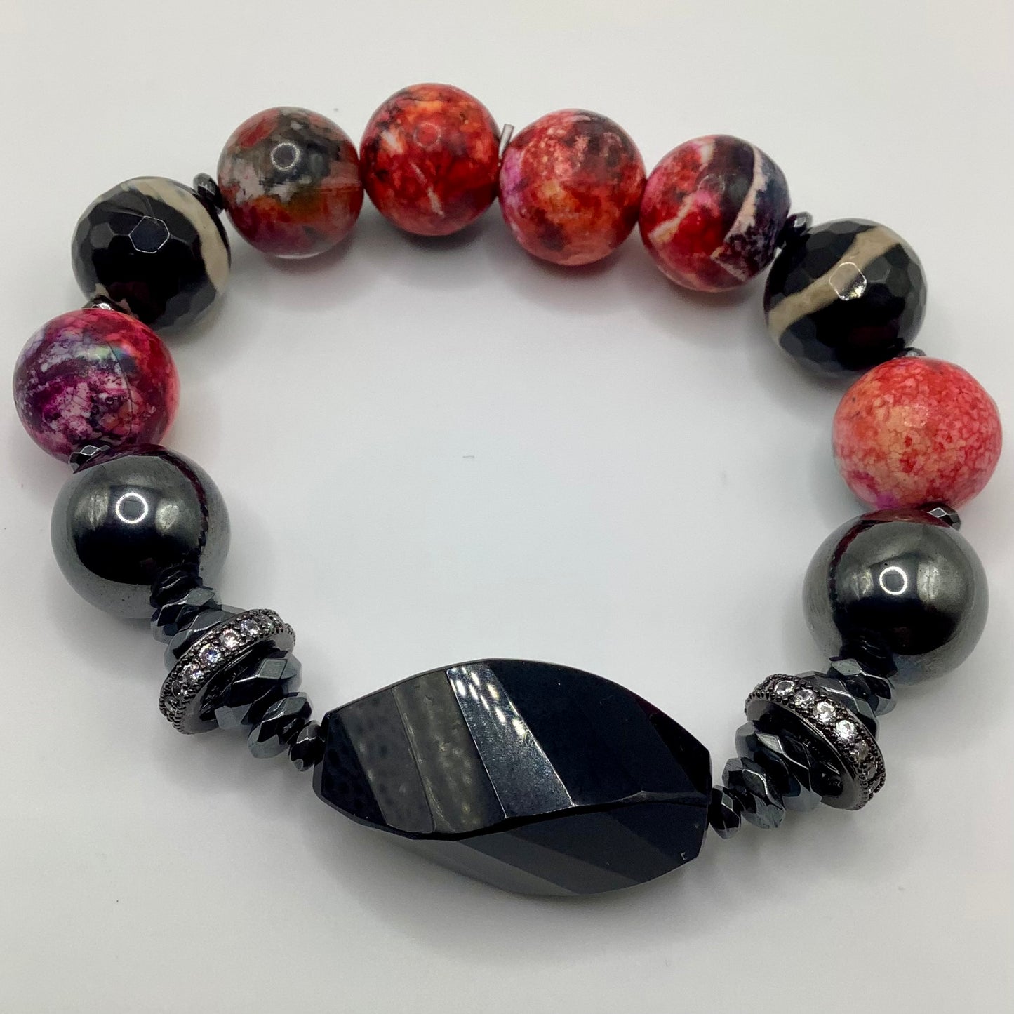Agate Focal, Mystic Agate, CZ Pave Wheels 14mm black hematite