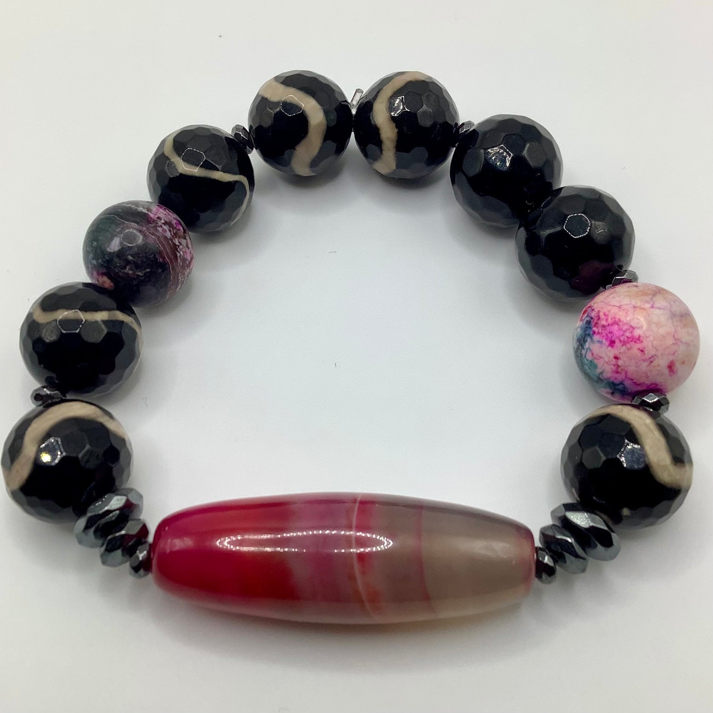 Agate Focal, Tibetan and Mystic Agate, 14mm black hematite