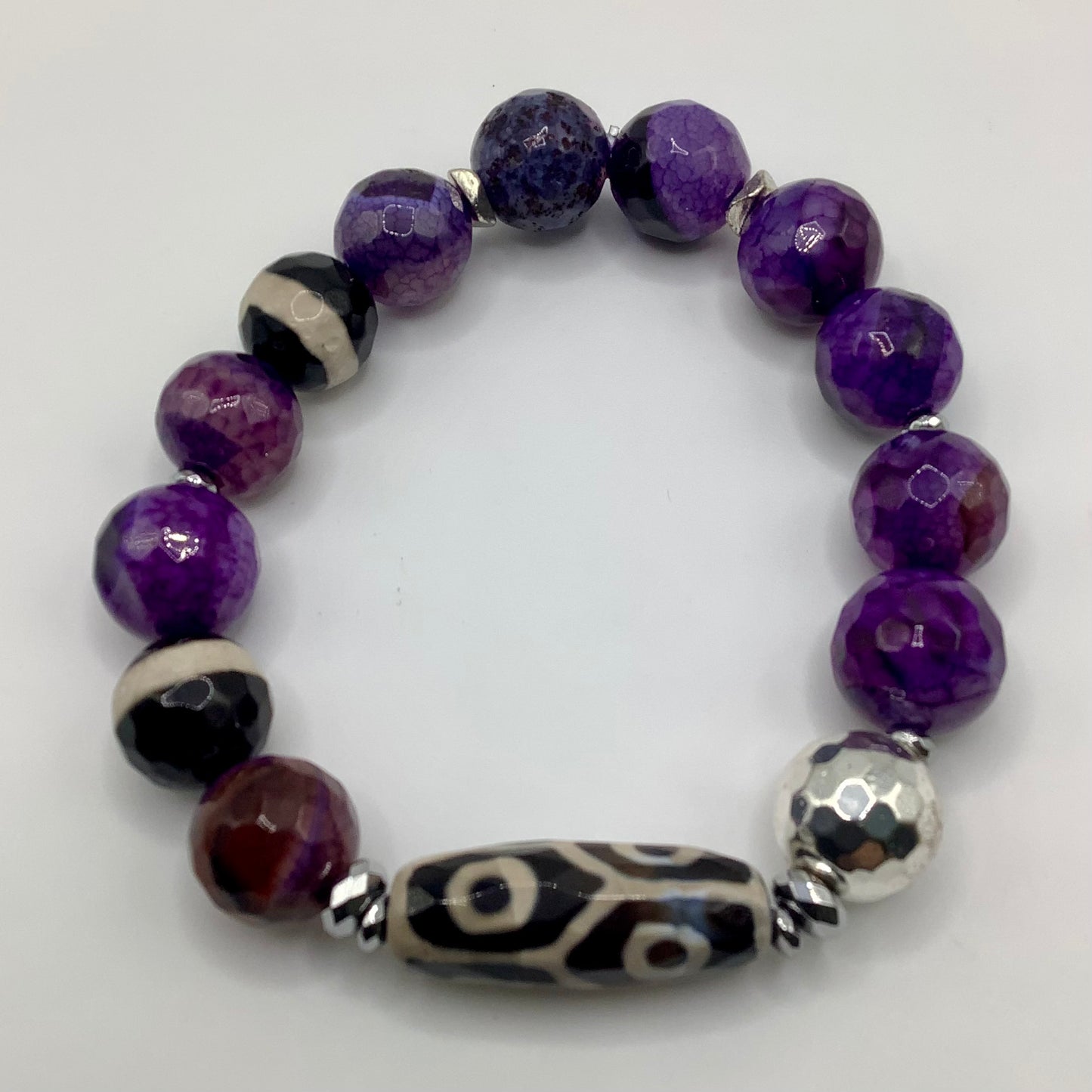 Tibetan Agate Focal, Tibetan Agate, Agate 12mm silver hematite