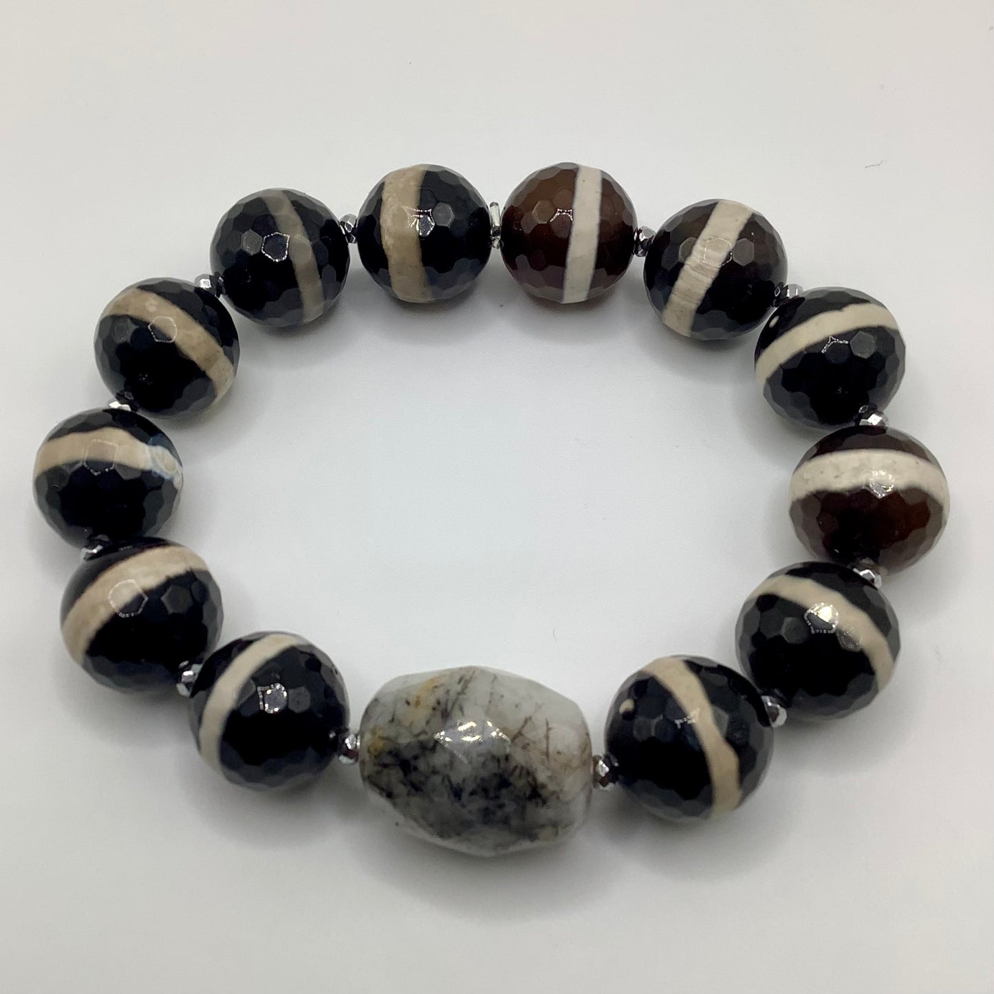 Tibetan Agate, Agate 12mm silver hematite