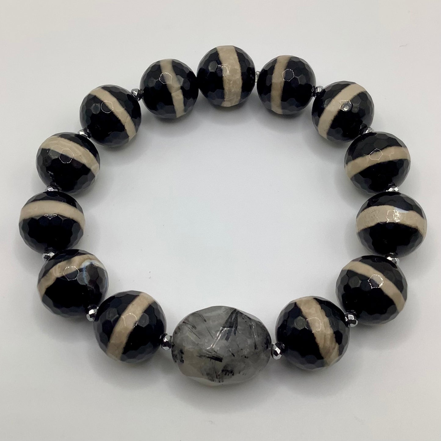 Tibetan Agate, Agate 12mm silver hematite