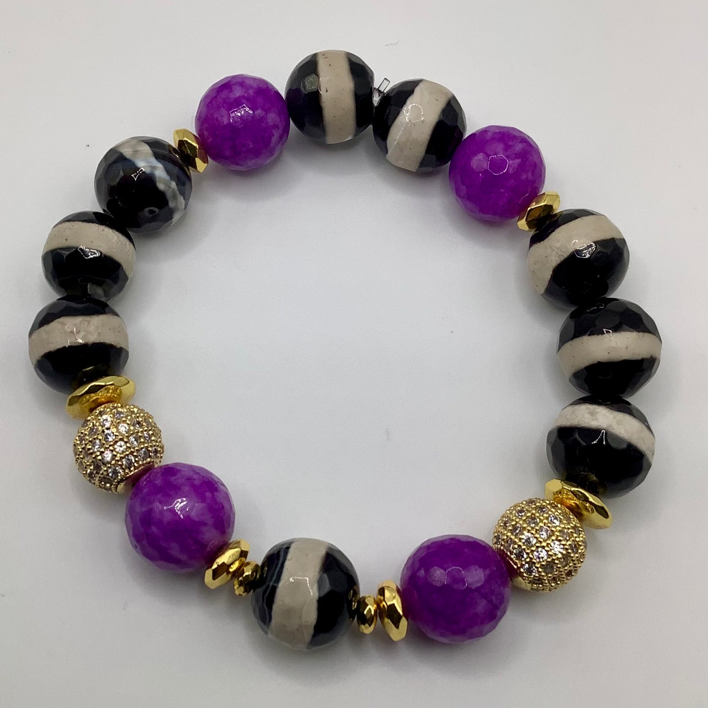 Tibetan Agate, Agate 12mm CZ Pave gold hematite