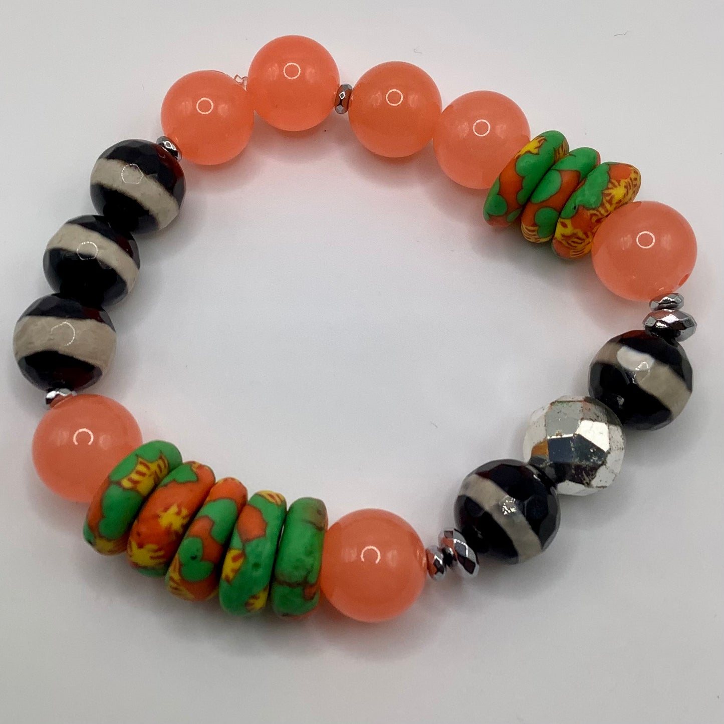 African recycled glass , Tibetan Agate, Agate 12mm silver hematite