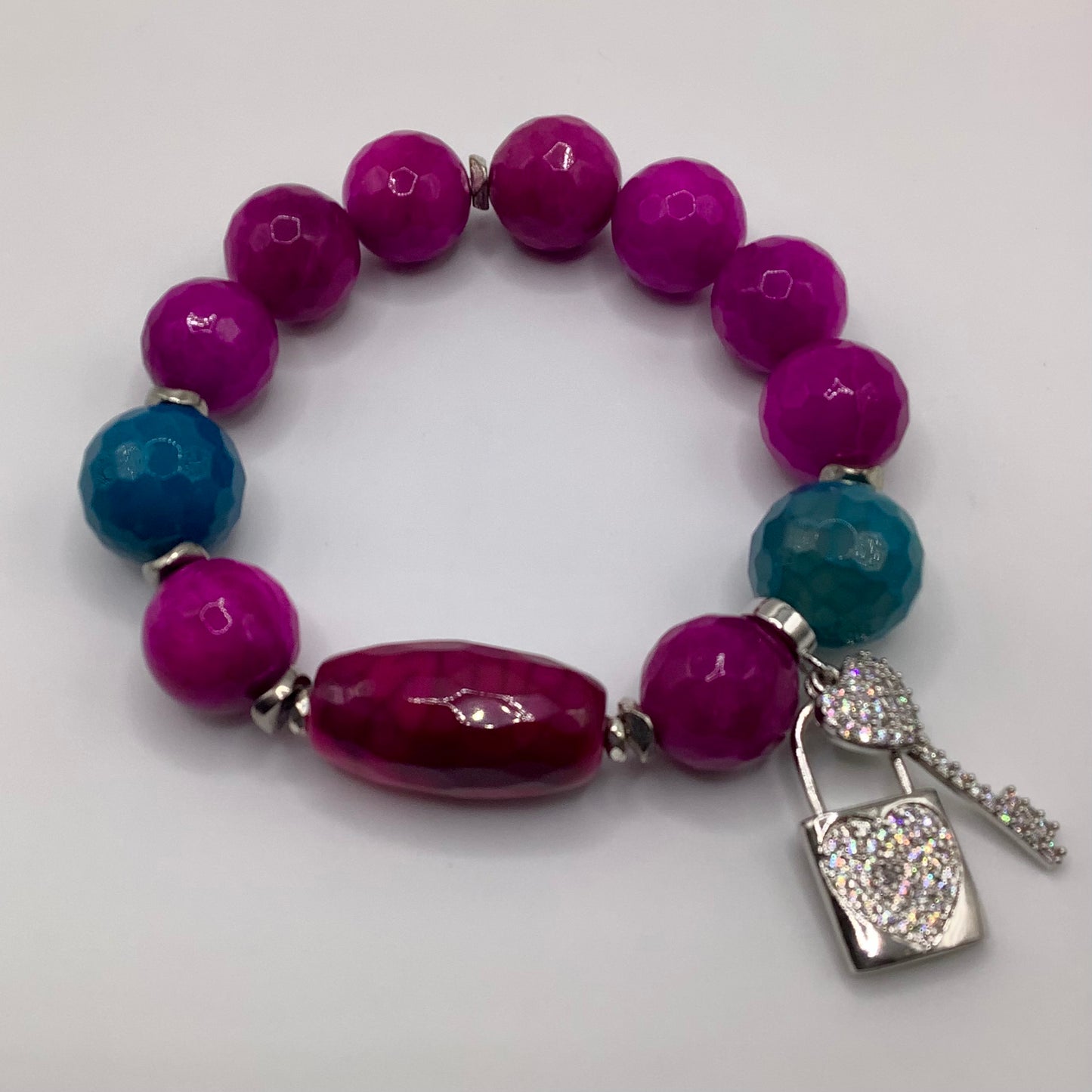 Agate Jade 14mm w/key and lock charm silver hematite