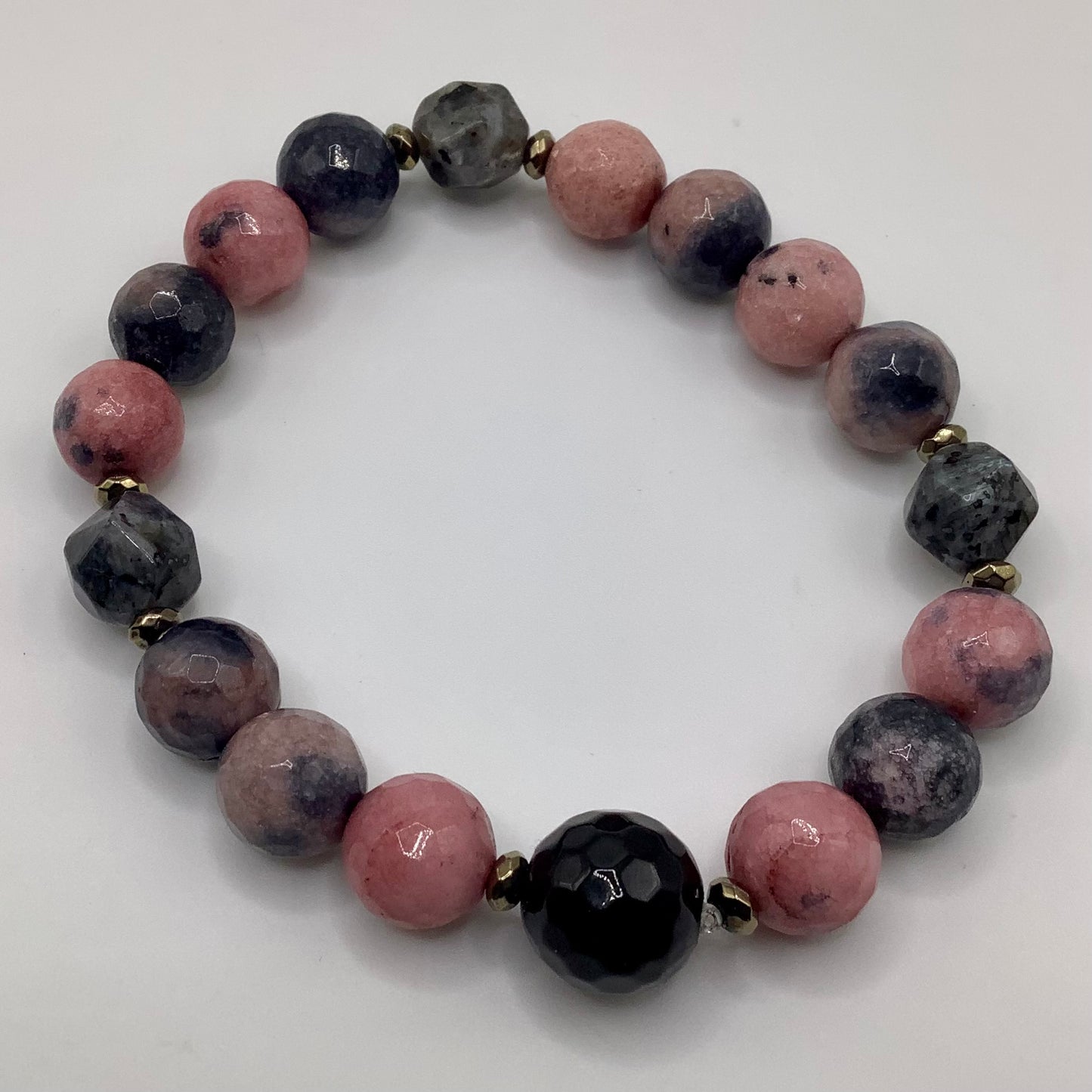 Labradorite Onyx and Rhodonite Hearts 10mm, silver gunmetal hematite