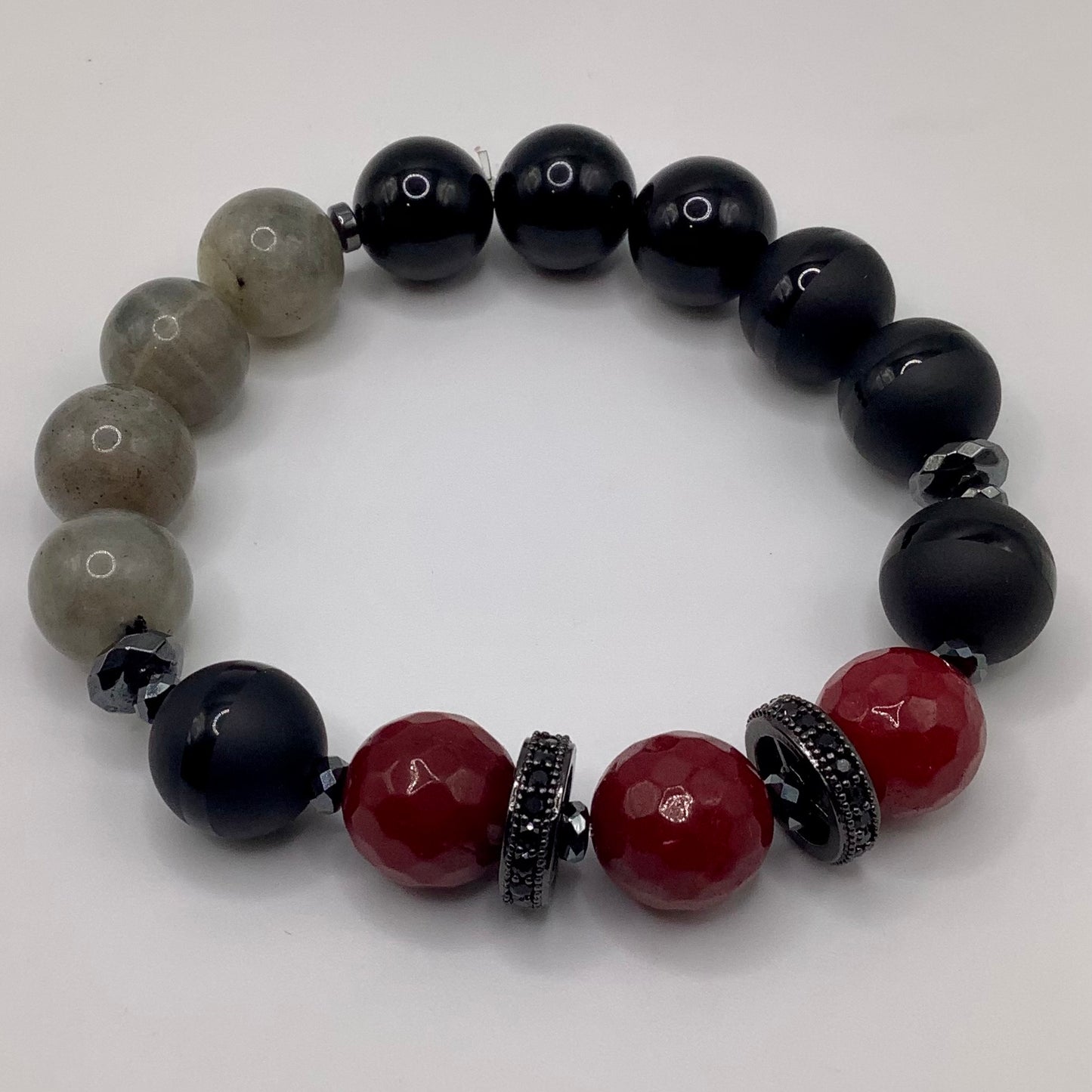 Obsidian, Labradorite, Black Stripe Matte Onyx, CZ Pave 12mm black hematite