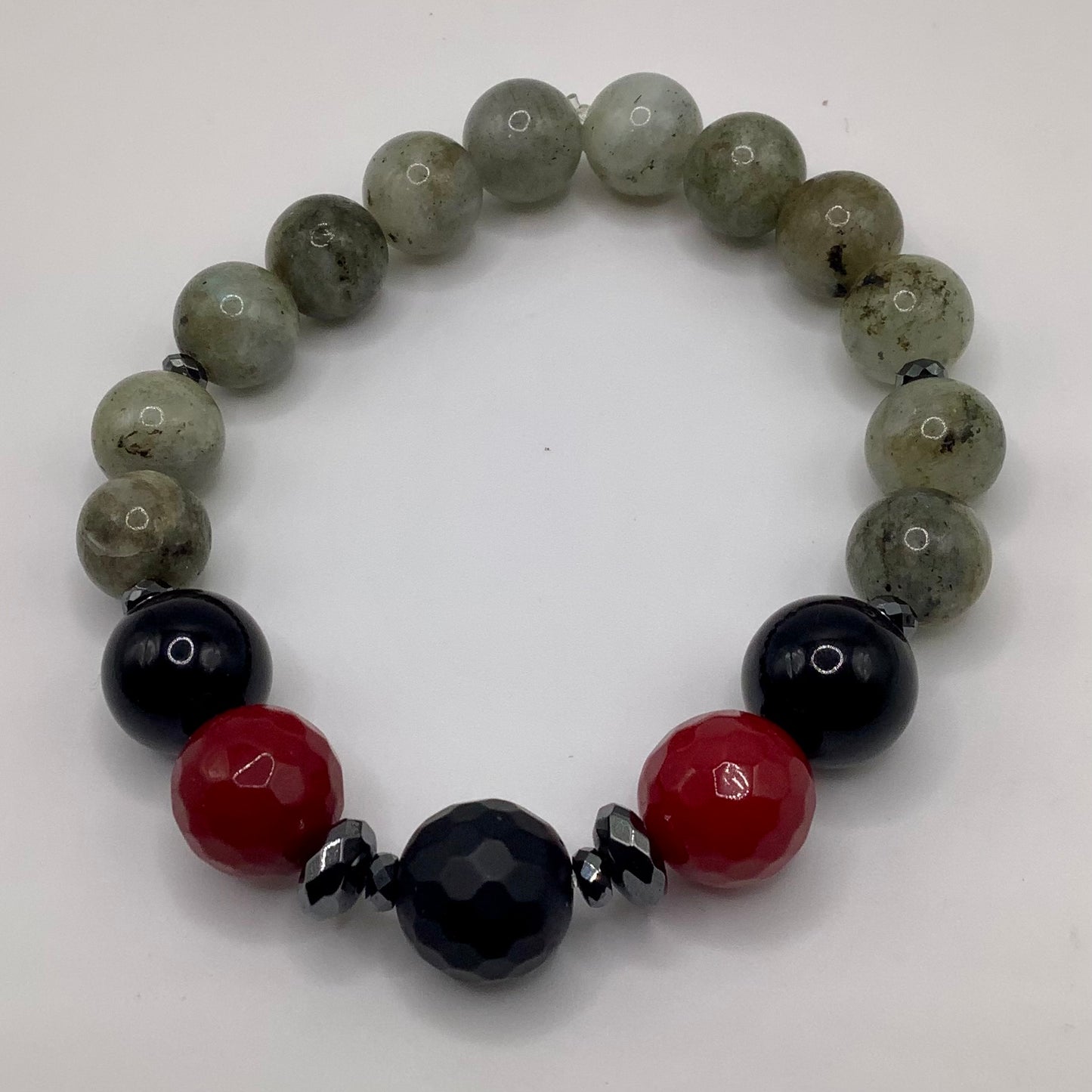 Labradorite, Jade, Onyx 10-12mm black hematite