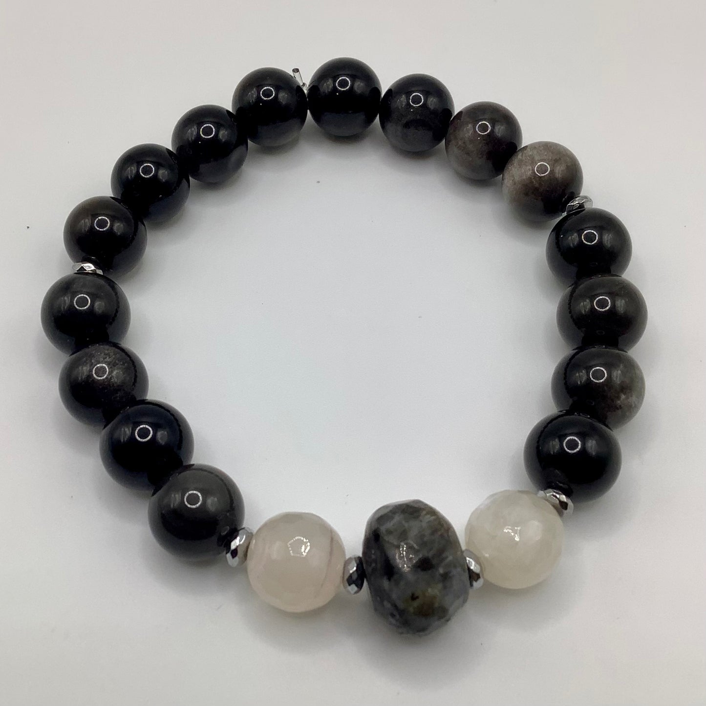 Black Obsidian, Labradorite, Moonstone 10mm dark silver hematite