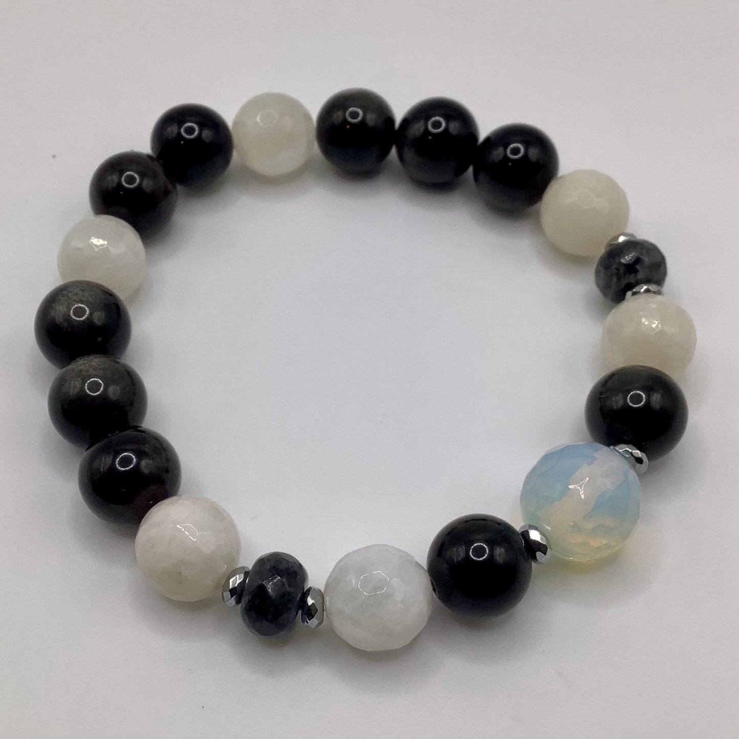 Black Obsidian, Labradorite, Moonstone 10mm dark silver hematite