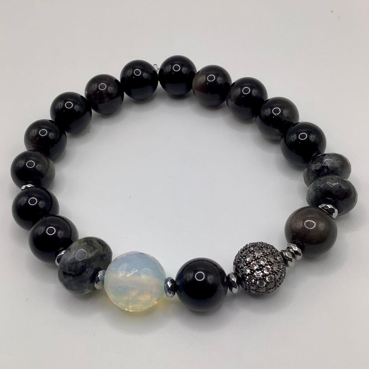Black Obsidian, Labradorite, Moonstone CZ pave 10mm dark silver hematite