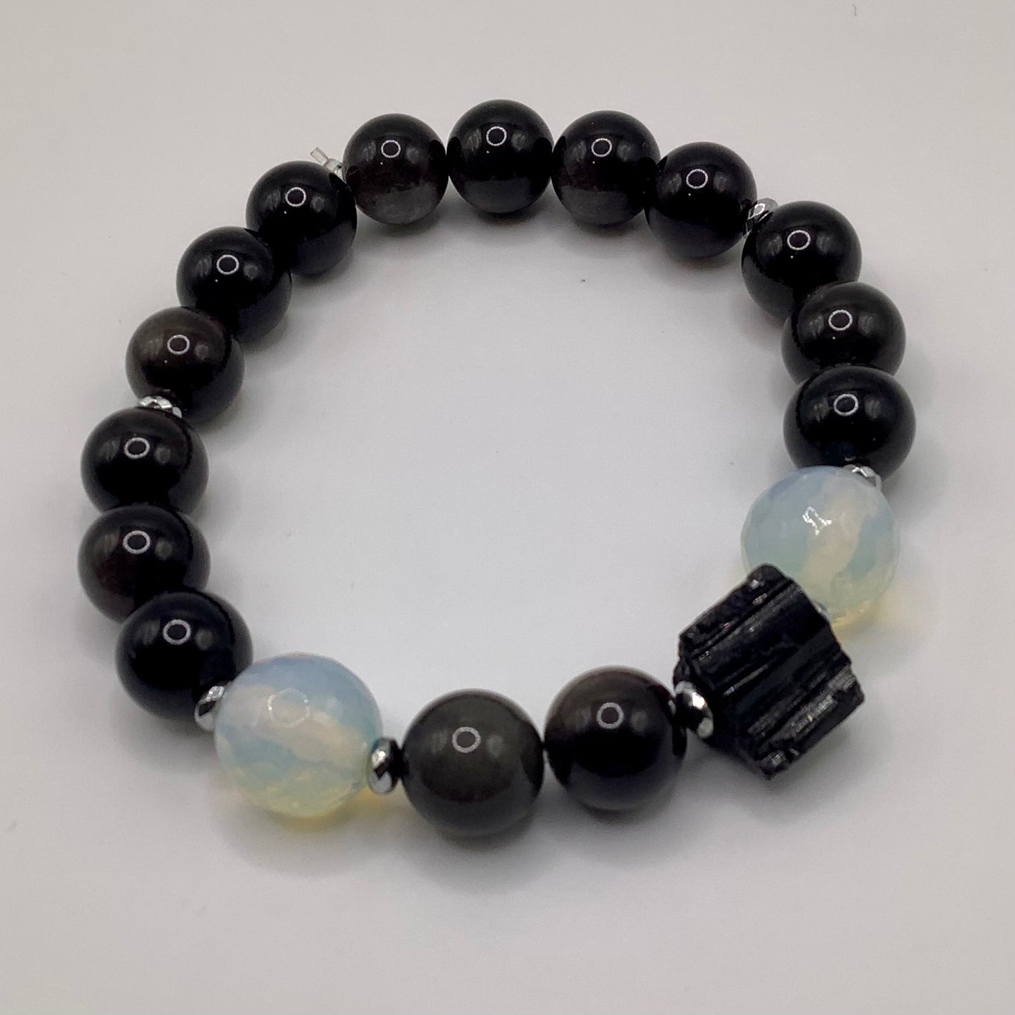 Black Obsidian, Tourmaline, Moonstone 10mm dark silver hematite