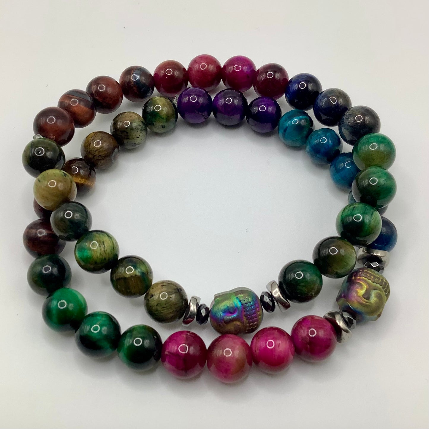 Mystic Tigers Eye,rainbow hematite Buddha 8mm black hematite