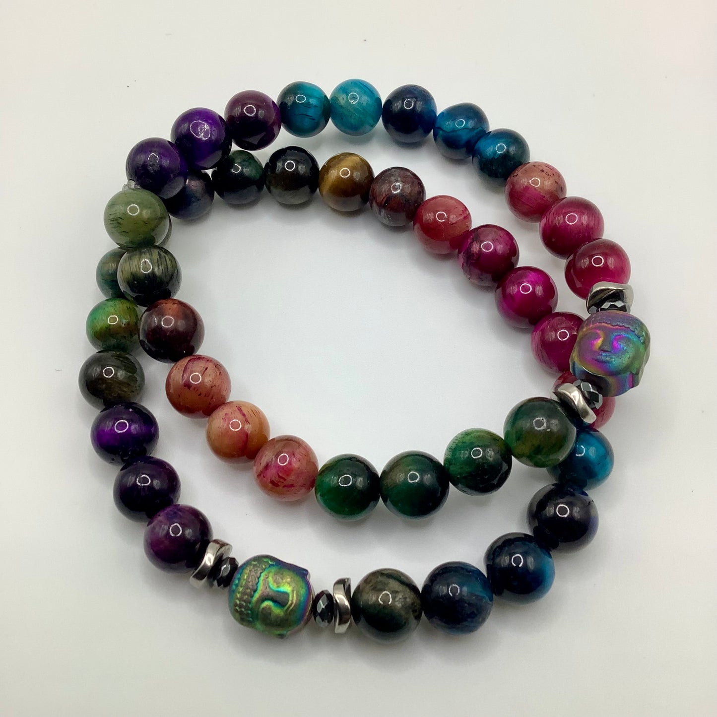 Mystic Tigers Eye,rainbow hematite Buddha 8mm black hematite