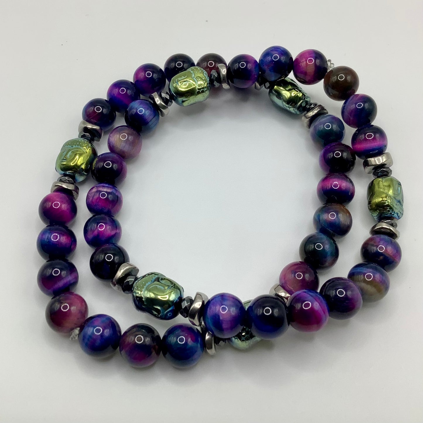 Mystic Tigers Eye,rainbow hematite Buddha 8mm black hematite