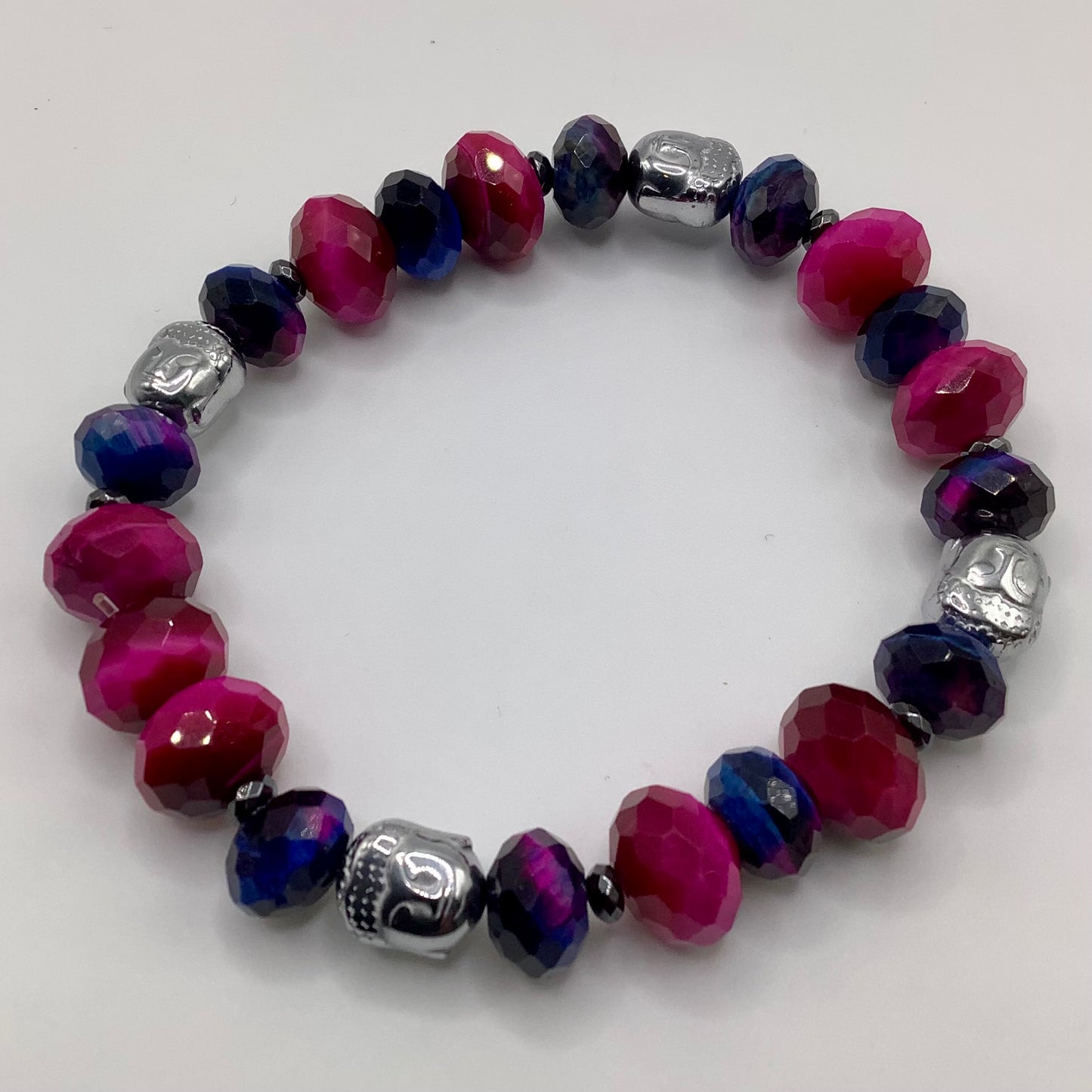 Mystic Tigers Eye, silver hematite Buddha 12mm black hematite