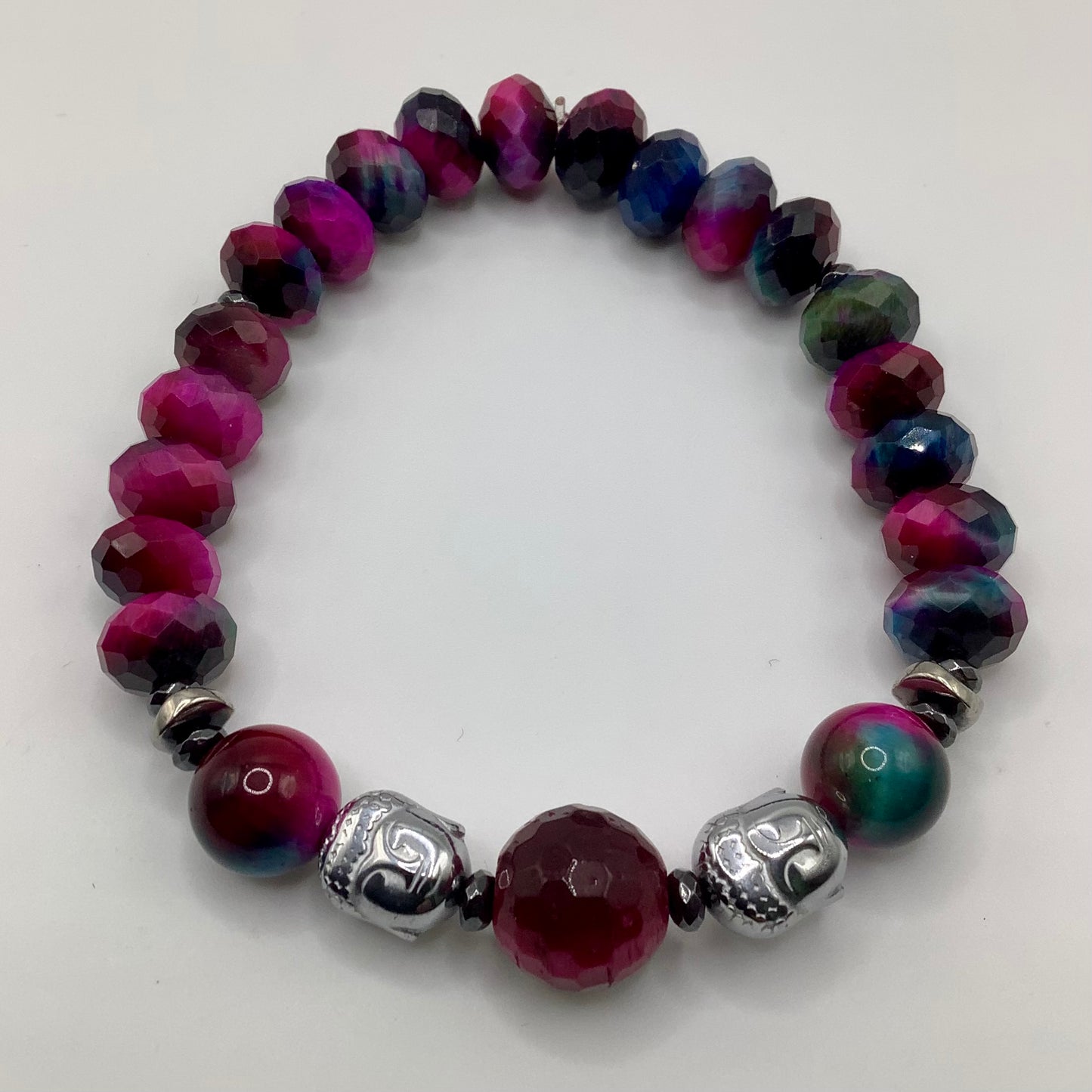 Mystic Tigers Eye, silver hematite Buddha 10mm black hematite