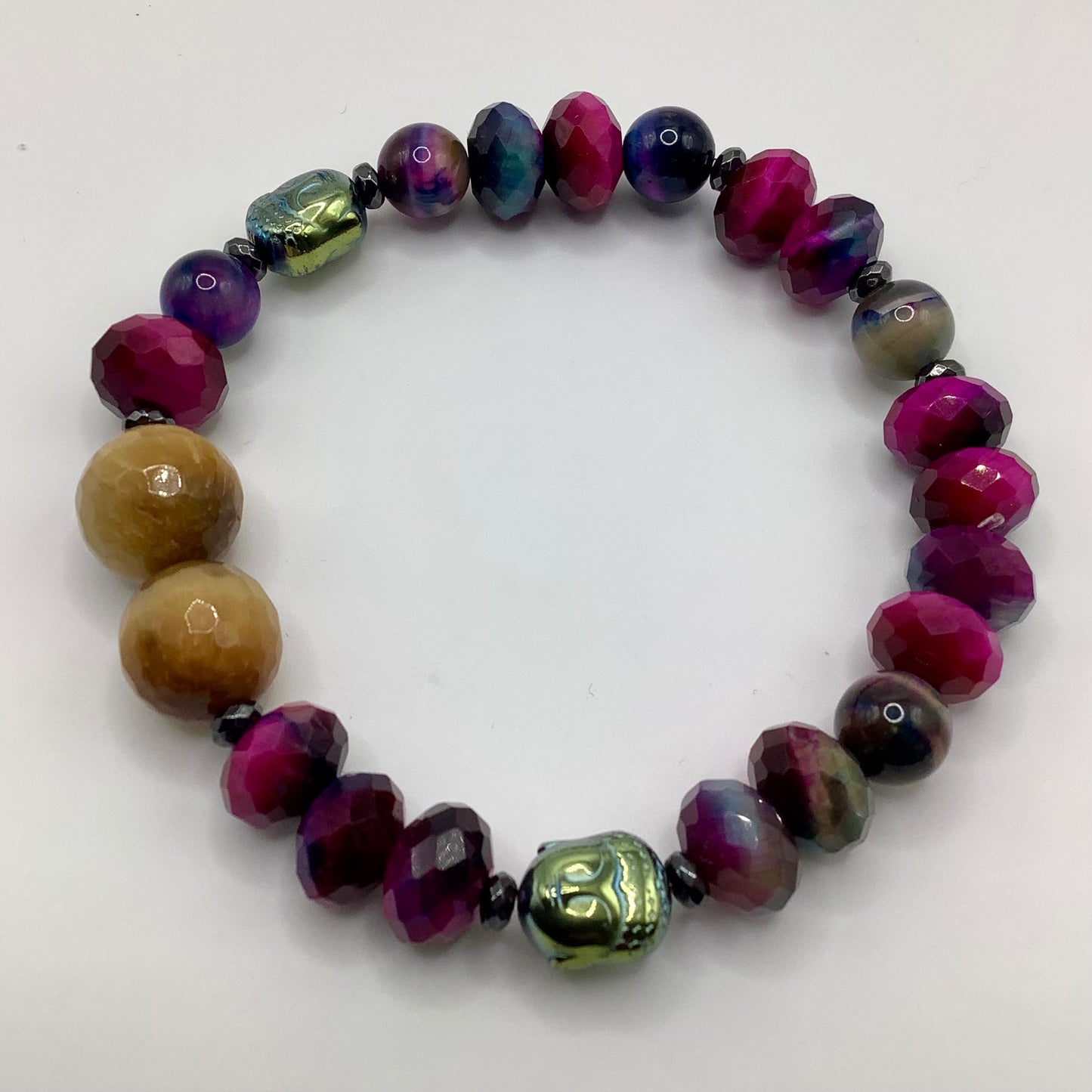 Mystic Tigers Eye, rainbow hematite Buddha 10mm black hematite