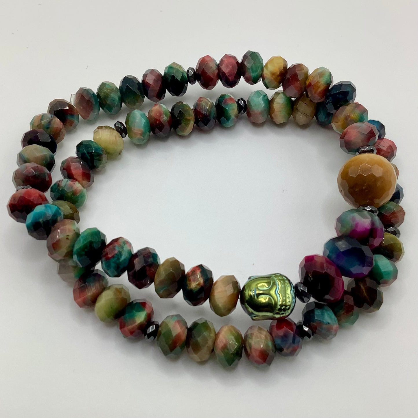 Mystic Tigers Eye, rainbow hematite Buddha 8mm black hematite 2 bracelet stack