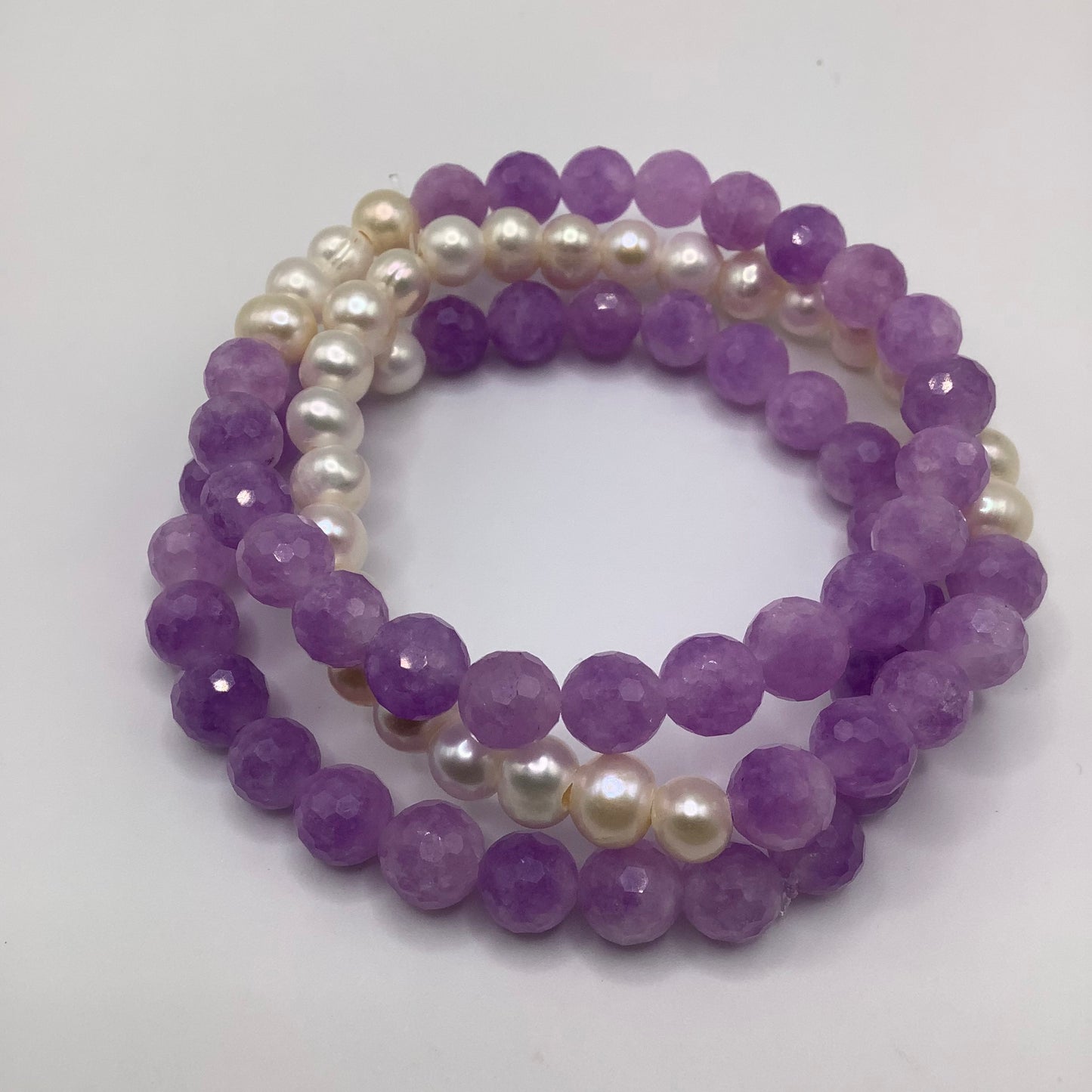 Lavender Jade, Fresh Water Pearl 8mm 3 bracelet stack