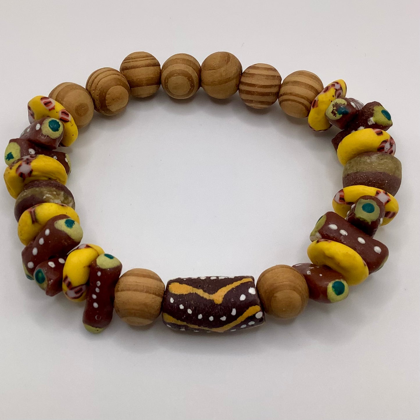 African Krobo Bead, Recycled Glass, Wood 12-14mm