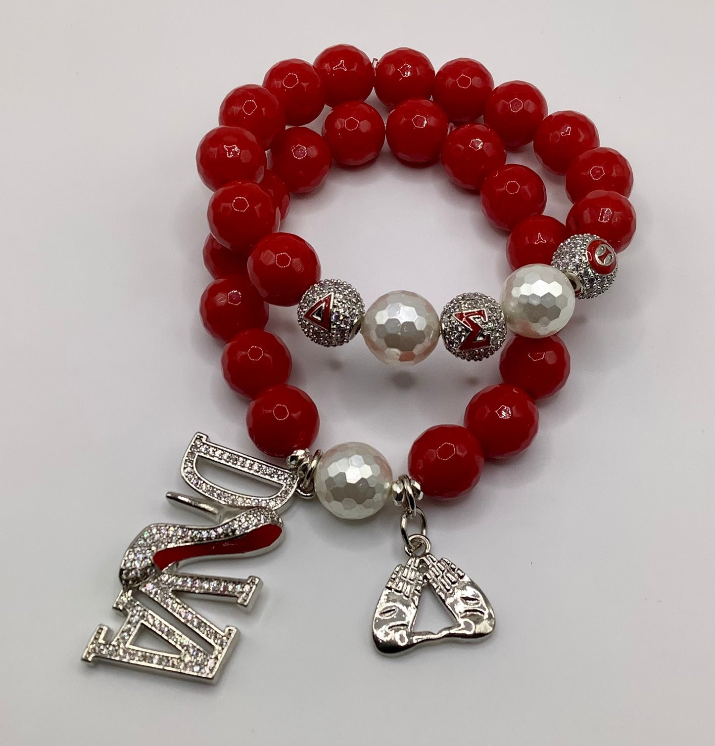 2 piece set, Jade, Mother of Pearl, CZ pave beads silver hematite and charms 12mm Delta