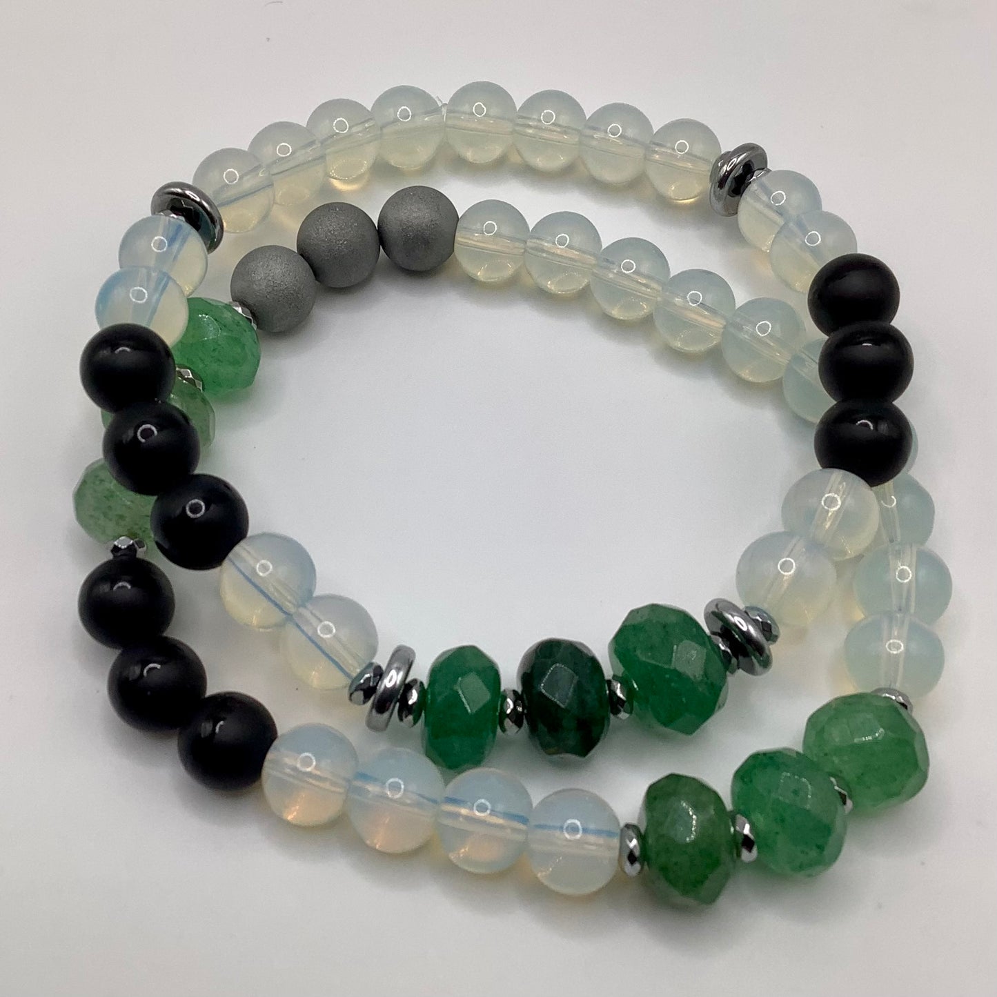 Jade, Moonstone, Agate, Druzy 8mm silver hematite 2pc set