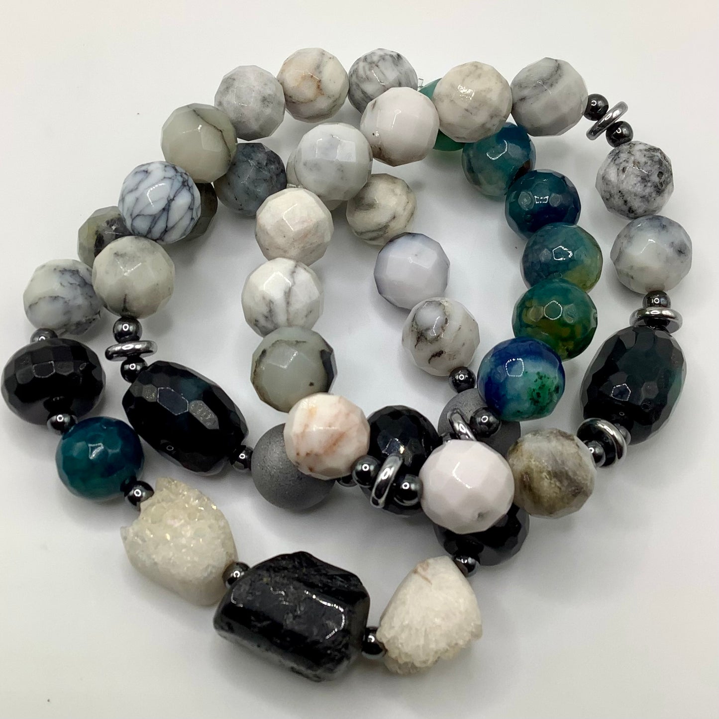 Moonstone, Agate, Tourmaline, Druzy, Silver Hematite 12mm 3pc set