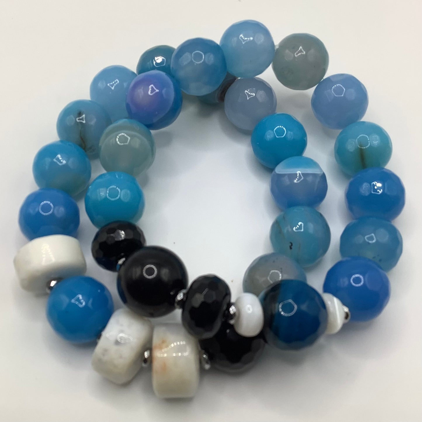 Agate, Moonstone, Onyx, silver hematite 14mm 2pc set