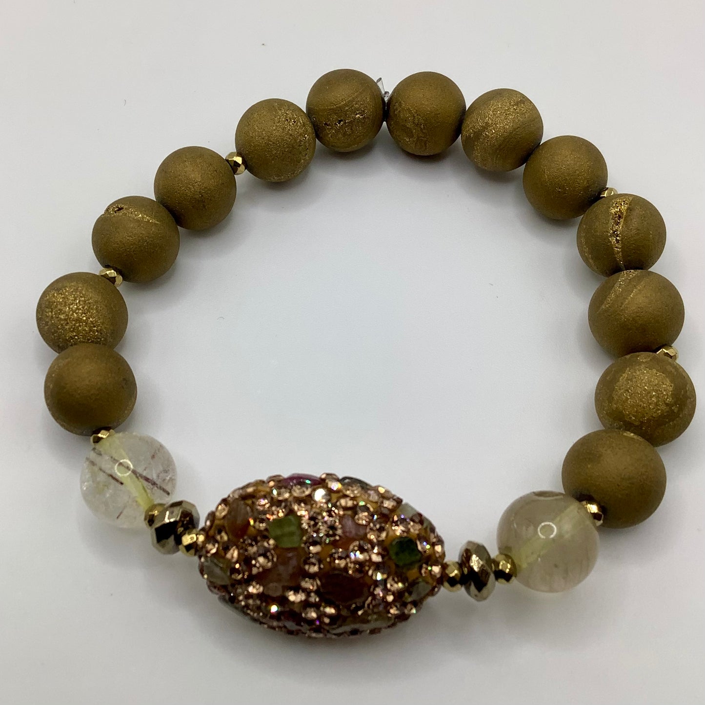 Druzy, Quartz, rhinestone centerpiece, gold hematite 10mm