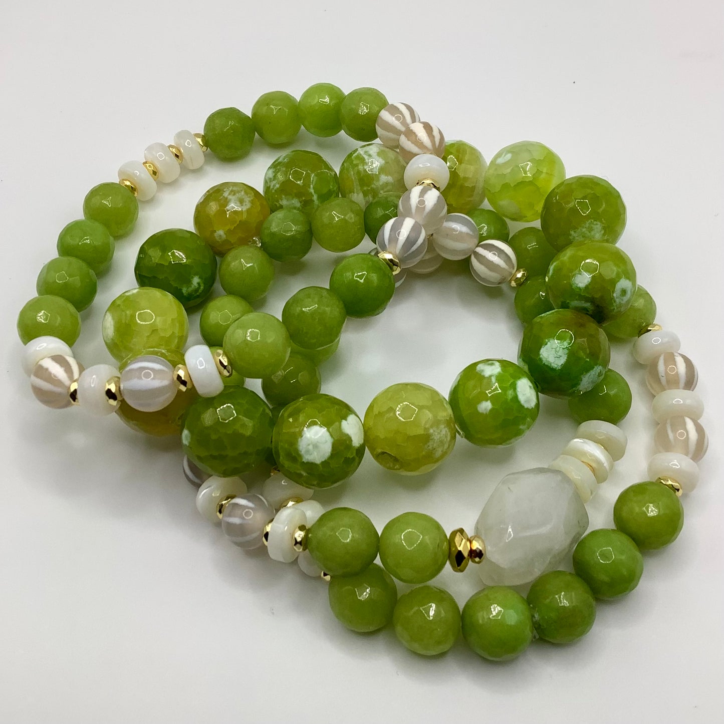 Agate, Tibetan Agate, Moonstone, gold hematite 10-14mm 4pc set