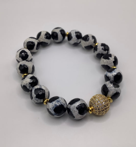 Tibetan Agate, Hematite and CZ Pave 12mm