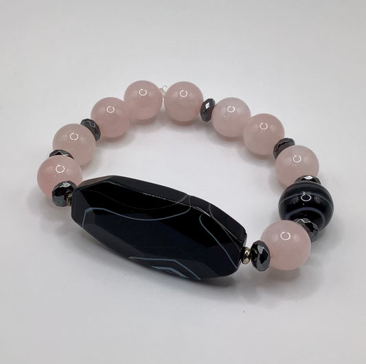 12mm Banded Agate, Rose Quartz and Hematite