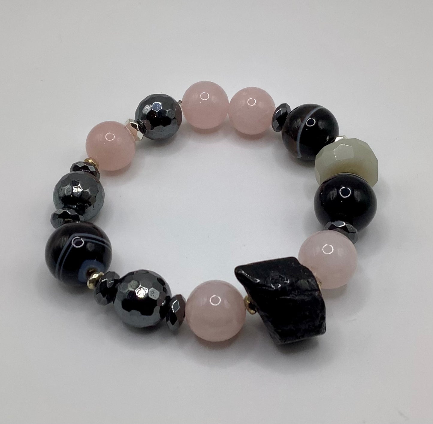 14mm Banded Agate, Moonstone, 12mm Rose Quartz, Tourmaline and Hematite