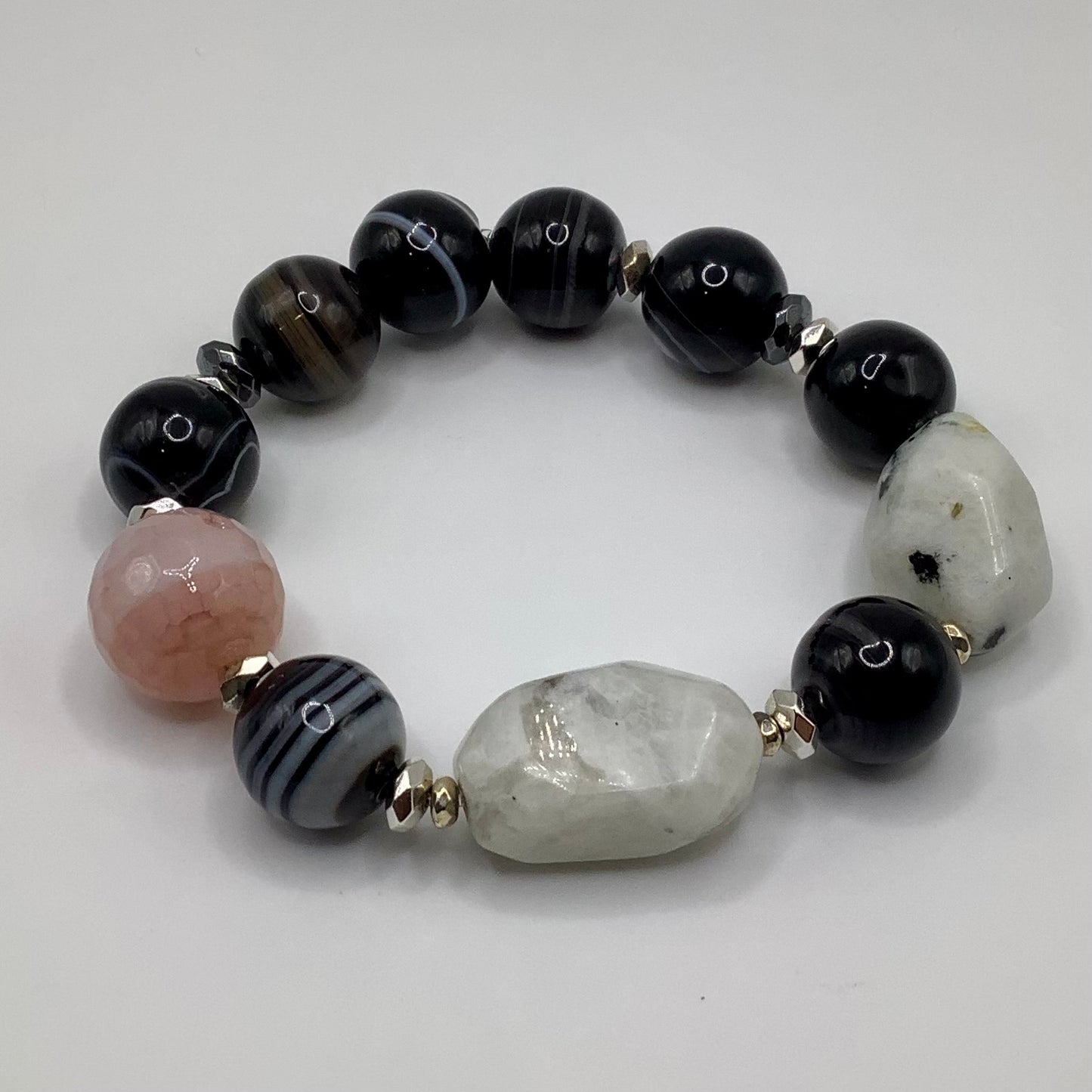 14mm Banded Agate, Quartz, Rose Quartz and Hematite