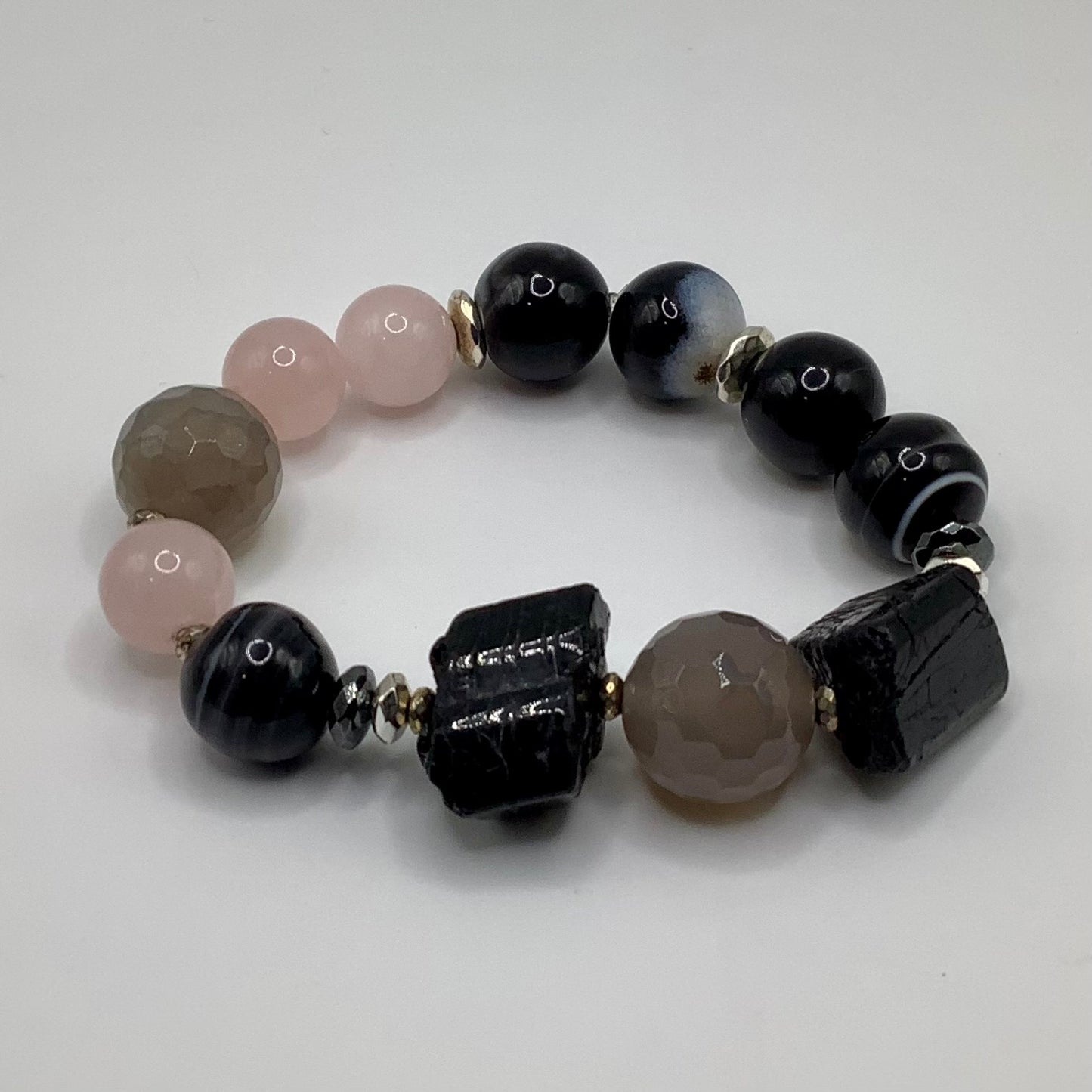 12mm Banded Agate,Tourmaline, Rose Quartz and Hematite