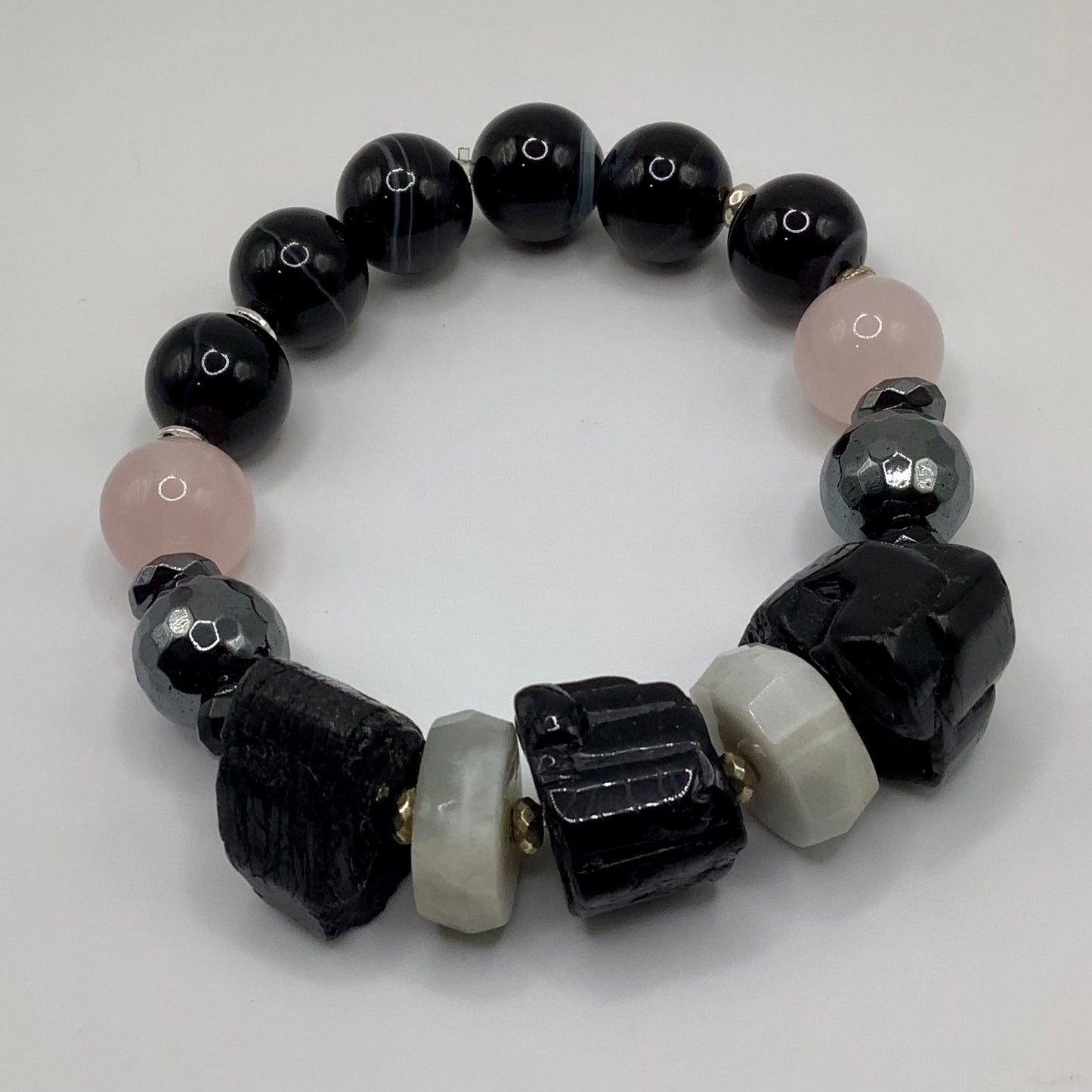 12mm Banded Agate, Moonstone, Rose Quartz, Tourmaline and Hematite