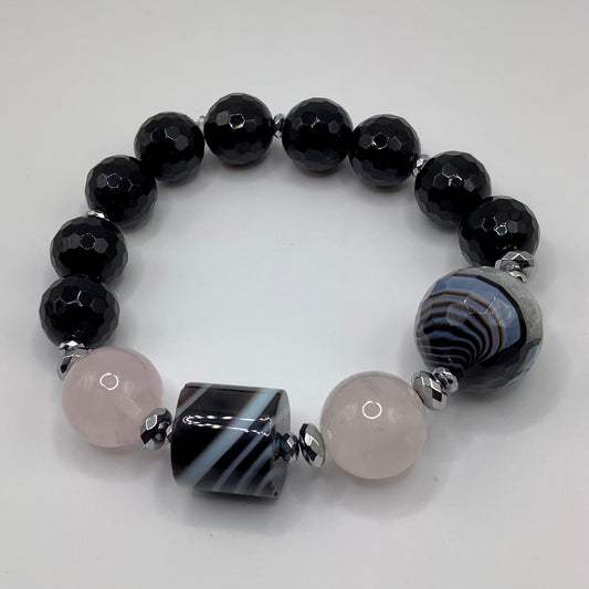 12mm Banded Agate, Onyx, Rose Quartz and Hematite