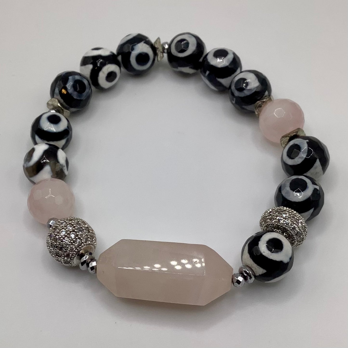 10mm Tibetan Agate, Rose Quartz and CZ Pave