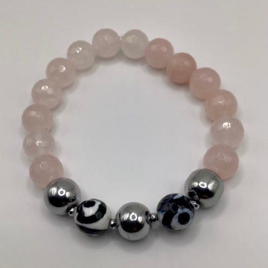 10mm Rose Quartz, Tibetan Agate and Hematite