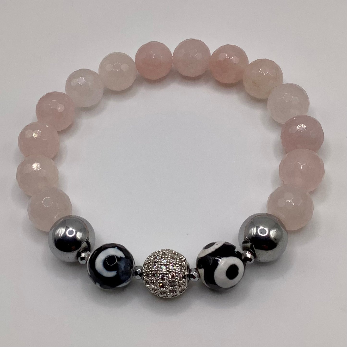 10mm Rose Quartz, Tibetan Agate and Hematite w/CZ pave centerpiece