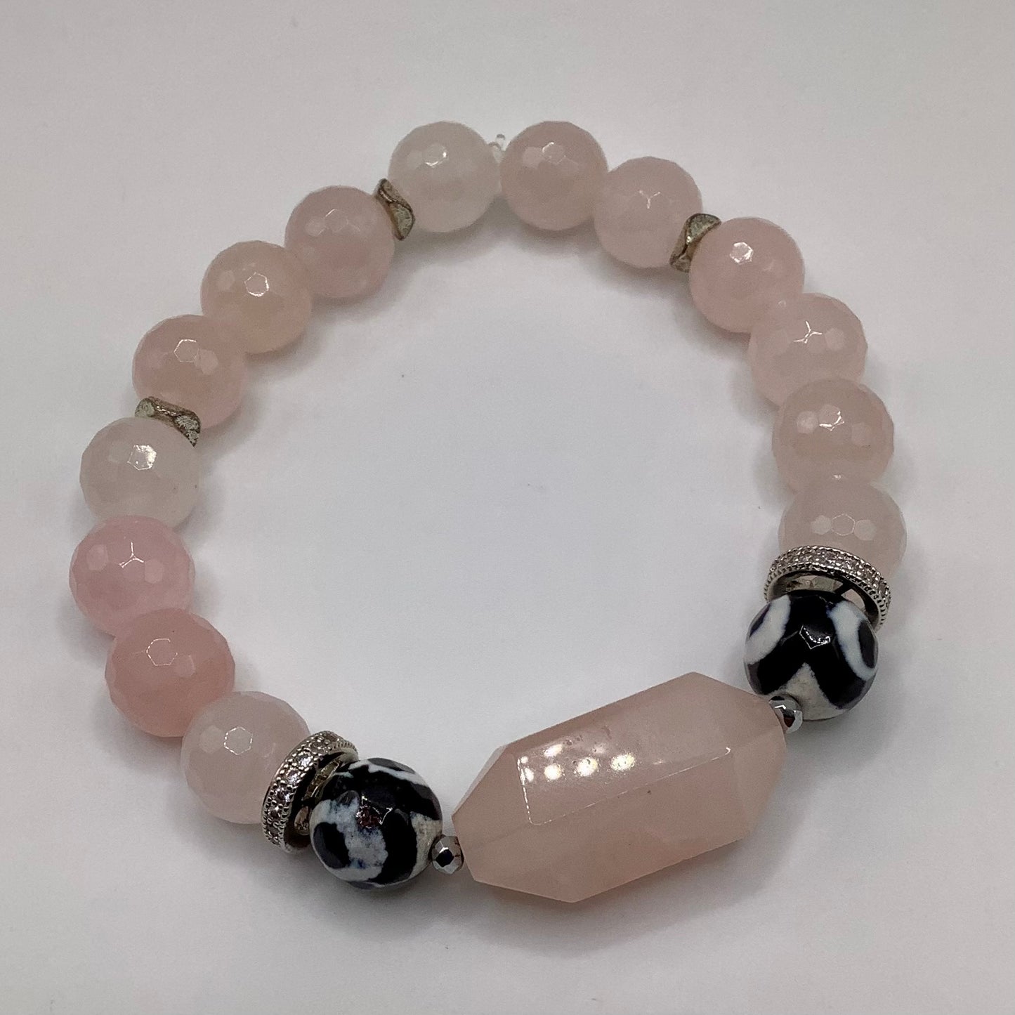 10mm Rose Quartz, Tibetan Agate ans CZ Pave wheels