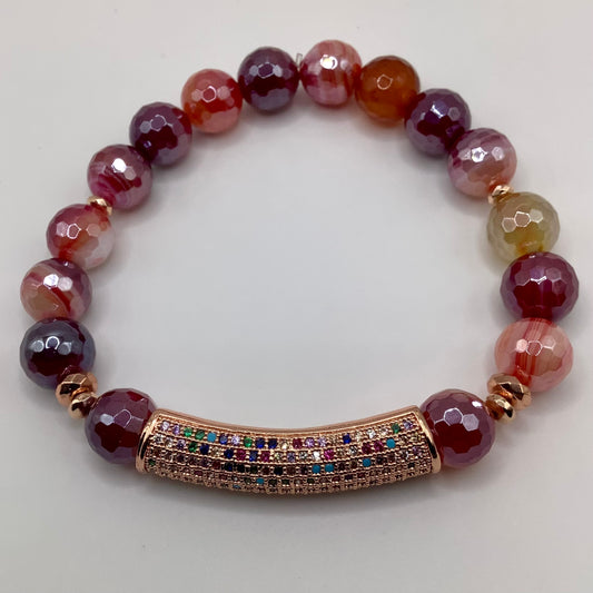 Electroplated Agate 10mm w/CZ multi color pave in copper